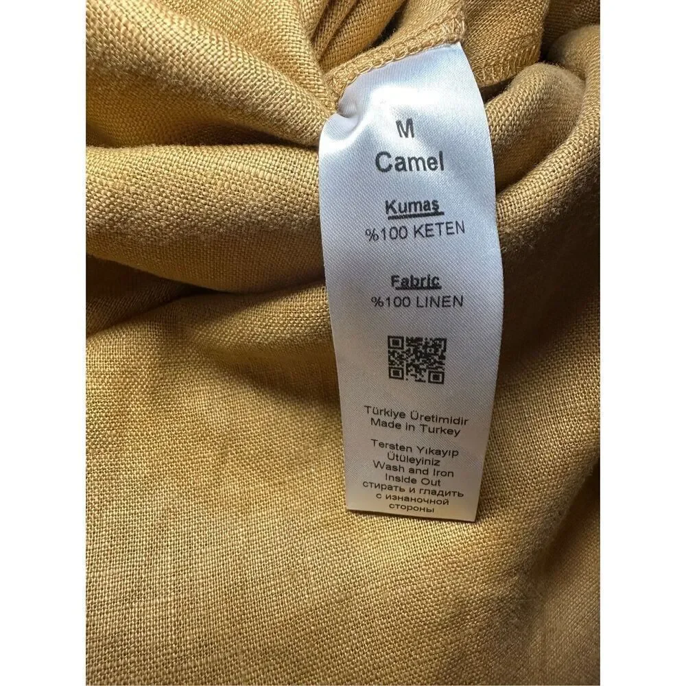NEW adL womens linen button down midi dress cottage safari natural sz M in camel